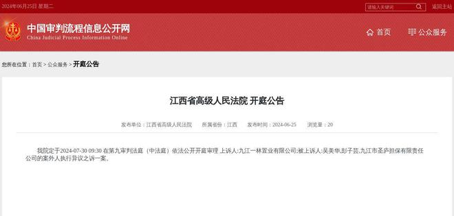 九江市圣廬擔保有限責任公司因案外人執行異議之訴案件被告，2024年7月30日在江西省高級人民法院開庭